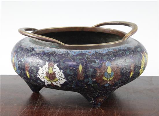 A large Chinese cloisonne enamel tripod censer, 19th century 23.5cm diam., some repairs